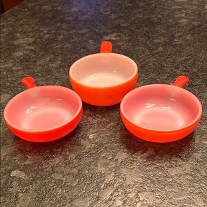 Set of Three Glassbake Orange Red Handle MCM Soup Bowls